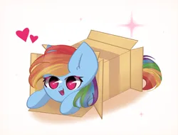 Size: 2250x1700 | Tagged: safe, artist:miryelis, derpibooru import, rainbow dash, pegasus, pony, g4, box, cute, dashabetes, female, floating heart, heart, image, mare, meme, open mouth, open smile, png, ponies sliding into a box, pony in a box, smiling, solo