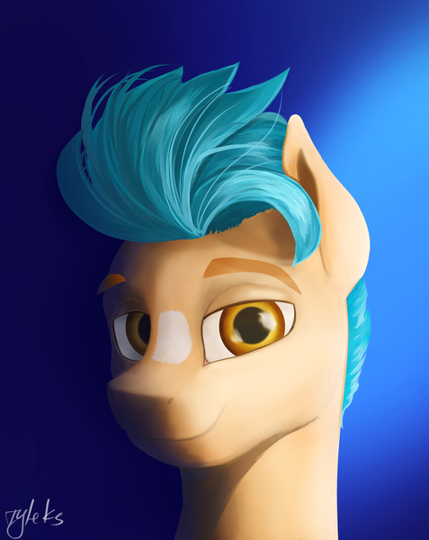 Size: 2277x2866 | Tagged: safe, artist:tyleks, derpibooru import, hitch trailblazer, earth pony, pony, g5, my little pony: a new generation, bust, cute, gradient background, high res, image, jpeg, looking at you, male, portrait, simple background, smiling, solo, stallion