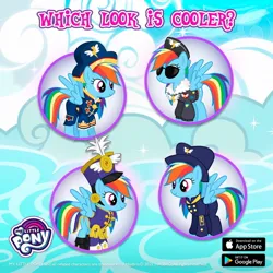 Size: 1080x1080 | Tagged: safe, derpibooru import, official, general firefly, rainbow dash, pegasus, pony, g4, clothes, gameloft, hat, image, jacket, jpeg, multeity, my little pony logo, uniform, wonderbolts