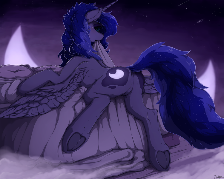 Size: 2000x1600 | Tagged: safe, artist:blackkaries, derpibooru import, princess luna, alicorn, pony, g4, bed, bedroom eyes, butt, dream, featureless crotch, female, frog (hoof), image, looking at you, looking back, looking back at you, mare, messy mane, missing accessory, moon, moonbutt, night, on bed, plot, png, raised tail, rear view, solo, spread legs, spread wings, spreading, tail, underhoof, wings