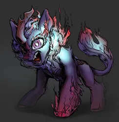 Size: 3058x3130 | Tagged: safe, artist:blazingstred, derpibooru import, oc, oc:night glow, kirin, nirik, angry, anime style, badass, comic style, commission, fire, high res, image, jpeg, kirin oc, mane on fire, partial nirik, sharp teeth, simple background, tail, tail of fire, teeth, transformation, ych result