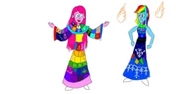 Size: 1024x547 | Tagged: safe, artist:horsesplease, derpibooru import, pinkie pie, rainbow dash, fanfic:cupcakes, equestria girls, g4, angry, clothes, cosplay, costume, cutie mark dress, diplomat, dress, fangirl, fashion, fashion show, fire, happy, image, implied rarity, jpeg, nerd, pinkamena diane pie, punishment, rainbow dash always dresses in style, simple background, subverted meme, tomboy, tomboy taming, wholesome