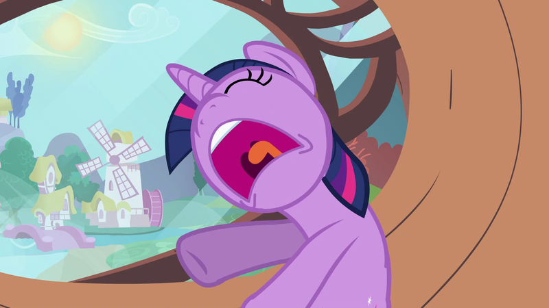 Size: 1920x1080 | Tagged: safe, derpibooru import, screencap, twilight sparkle, pony, unicorn, g4, lesson zero, season 2, faic, female, golden oaks library, image, library, mare, mawshot, nose in the air, open mouth, png, ponyville, solo, sun, twilight sparkle is best facemaker, unicorn twilight, uvula, volumetric mouth, windmill