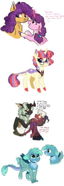 Size: 2048x5885 | Tagged: safe, artist:moccabliss, derpibooru import, moondancer, sugar belle, oc, oc:aztec, oc:jube bug, dragon, dragriff, gryphon, pony, g4, alicorn amulet, image, interspecies offspring, offspring, parent:big macintosh, parent:cosmos, parent:discord, parent:gabby, parent:spike, parent:sugar belle, parents:coscord, parents:spabby, parents:sugarmac, png, simple background, white background