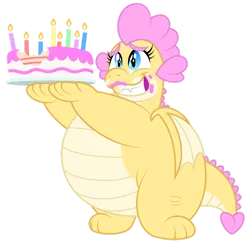 Size: 1280x1265 | Tagged: safe, artist:aleximusprime, derpibooru import, oc, oc:buttercream, oc:buttercream the dragon, unofficial characters only, dragon, flurry heart's story, birthday cake, cake, cake icing, candle, cute, dragon oc, fat, food, image, nervous, png, simple background, solo, transparent background