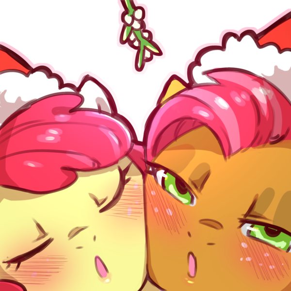 Size: 1159x1159 | Tagged: safe, artist:cold-blooded-twilight, derpibooru import, apple bloom, babs seed, earth pony, pony, g4, bedroom eyes, blushing, cheek to cheek, christmas, duo, eyes closed, female, freckles, hat, holiday, image, kissy face, looking at you, mistletoe, png, santa hat, simple background, transparent background