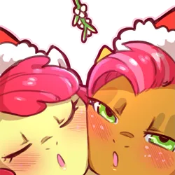 Size: 1159x1159 | Tagged: safe, artist:cold-blooded-twilight, derpibooru import, apple bloom, babs seed, earth pony, pony, g4, bedroom eyes, blushing, cheek to cheek, christmas, duo, eyes closed, female, freckles, hat, holiday, image, kissy face, looking at you, mistletoe, png, santa hat, simple background, transparent background