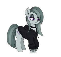 Size: 1400x1315 | Tagged: safe, alternate version, artist:ravenirik, derpibooru import, marble pie, earth pony, pony, g4, alone, choker, clothes, ear piercing, earring, emo, eyeshadow, female, frown, hoodie, image, jewelry, makeup, mare, piercing, png, simple background, solo, transparent background