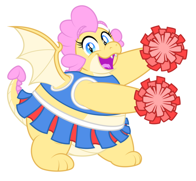 Size: 1280x1179 | Tagged: safe, artist:aleximusprime, derpibooru import, oc, oc:buttercream, oc:buttercream the dragon, unofficial characters only, dragon, flurry heart's story, adorafatty, cheerleader, cheerleader outfit, cheerleading, clothes, cute, cute little fangs, dragon oc, dragoness, fangs, fat, female, happy, image, ocbetes, open mouth, open smile, png, pom pom, simple background, skirt, smiling, tanktop, transparent background