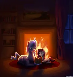 Size: 1800x1892 | Tagged: safe, artist:vezja, derpibooru import, oc, oc:snowshine frost, oc:stylus pen, pegasus, pony, unicorn, book, bookshelf, carpet, commission, curtains, duo, female, filly, fire, fireplace, image, magic, mare, painting, parent, png, reading, rug, window