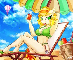 Size: 2250x1850 | Tagged: safe, artist:stainedglasslighthea, derpibooru import, oc, oc:cleanup totally, unofficial characters only, anthro, earth pony, plantigrade anthro, anthro oc, beach, beach chair, beach umbrella, bikini, breasts, busty oc, chair, clothes, commission, drink, earth pony oc, feet, female, hot air balloon, image, looking at you, open mouth, open smile, png, sand, sandals, smiling, solo, summer, swimsuit, umbrella, ych result