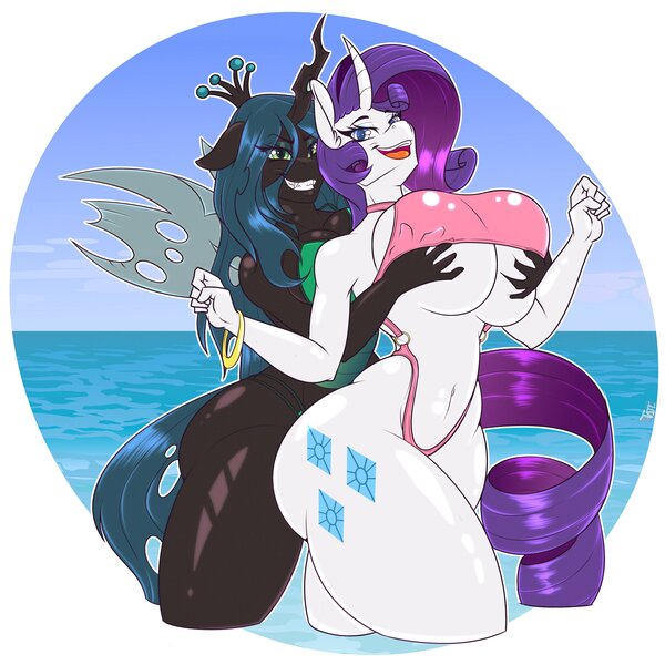 Size: 4000x4000 | Tagged: suggestive, artist:tatemil, derpibooru import, queen chrysalis, rarity, anthro, changeling, changeling queen, unicorn, g4, absurd resolution, beach, big breasts, bikini, breast grab, breasts, busty queen chrysalis, busty rarity, clothes, eye clipping through hair, eyebrows, eyebrows visible through hair, female, grin, grope, huge breasts, image, jpeg, lesbian, looking at you, open mouth, open smile, rarilis, shipping, smiling, smiling at you, swimsuit, thighs, thunder thighs, underboob