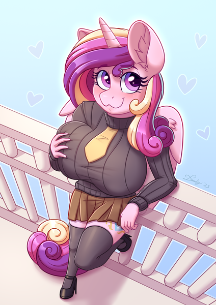 Size: 2480x3508 | Tagged: suggestive, artist:dandy, derpibooru import, princess cadance, alicorn, anthro, unguligrade anthro, hoofbeat 2, g4, :3, balcony, big breasts, blushing, breast grab, breasts, busty princess cadance, clothes, cute, cutedance, ear fluff, female, floating heart, grope, heart, high angle, high res, hoofbeat, horn, huge breasts, image, leaning, legs, looking at you, miniskirt, necktie, pleated skirt, png, questionable source, schoolgirl, self grope, shoes, skirt, socks, solo, solo female, stockings, sweater, sweater puppies, thigh highs, thighs, turtleneck, wings, zettai ryouiki