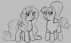 Size: 2382x1462 | Tagged: safe, artist:heretichesh, derpibooru import, oc, oc:zew, oc:zippi, unofficial characters only, pony, unicorn, bedroom eyes, duo, eye clipping through hair, female, gray background, grayscale, grin, horn, image, jpeg, looking at you, mare, monochrome, older, simple background, smiling, smiling at you, unicorn oc