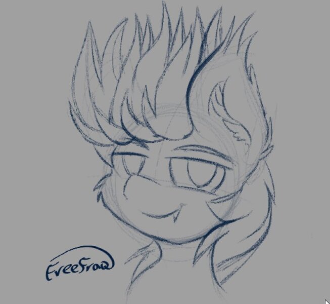 Size: 727x668 | Tagged: safe, artist:freefraq, derpibooru import, oc, oc:devin, unofficial characters only, bat pony, pony, art, bust, fangs, image, jpeg, looking at you, male, mane, portrait, sketch, smiling, smug, solo, spiky mane, watermark