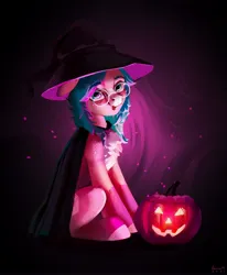 Size: 3000x3633 | Tagged: safe, artist:annna markarova, derpibooru import, oc, unofficial characters only, pony, cape, chest fluff, clothes, floppy ears, glasses, halloween, hat, high res, holiday, image, jack-o-lantern, jpeg, looking at you, pumpkin, smiling, solo, tongue out, witch hat