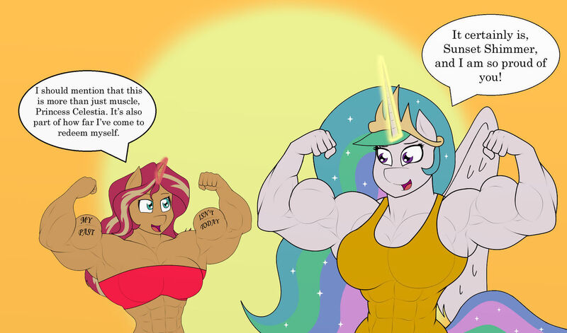 Size: 1280x754 | Tagged: suggestive, artist:matchstickman, derpibooru import, editor:dinoknight12, princess celestia, sunset shimmer, alicorn, anthro, unicorn, g4, biceps, buff breasts, dialogue, duo, duo female, female, females only, flexing, glow, glowing horn, horn, image, jpeg, looking at each other, muscles, muscular female, open mouth, open smile, princess musclestia, size difference, smiling, speech bubble, sunset lifter, tattoo