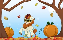 Size: 6588x4254 | Tagged: safe, artist:kittyrosie, derpibooru import, autumn blaze, kirin, g4, absurd resolution, autumn, awwtumn blaze, blushing, cute, female, image, leaf, leaves, open mouth, open smile, png, pumpkin, smiling, solo, tree