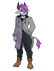 Size: 2736x3648 | Tagged: safe, artist:tass_the_bovine, derpibooru import, oc, unofficial characters only, anthro, cat, caterpillar, cow, unguligrade anthro, yak, choker, clothes, collar, high res, image, male, png, simple background, solo, tass, transparent background, trenchcoat, yakponia, yakponian