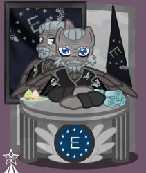 Size: 4245x5021 | Tagged: safe, artist:devorierdeos, derpibooru import, oc, unofficial characters only, pegasus, pony, fallout equestria, beard, blue eyes, bust, clothes, colonel, cupcake, emblem, enclave, facial hair, flag, food, grand pegasus enclave, grey hair, hands folded, image, military, military uniform, moustache, officer, old pony, peanuts, pegasus oc, pillar, png, portrait, scroll, simple background, sitting, solo, stamp paper, table, uniform, wings