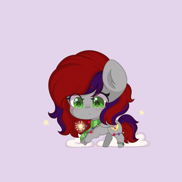 Size: 1080x1080 | Tagged: safe, artist:yomechka, derpibooru import, oc, oc:evening prose, unofficial characters only, pegasus, pony, animated, blinking, chibi, christmas, christmas lights, clothes, female, freckles, gif, holiday, hoof hold, image, jewelry, mare, necklace, pearl necklace, scarf, simple background, snow, sparkler (firework)