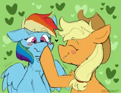 Size: 3300x2550 | Tagged: safe, artist:galaxysquid, derpibooru import, applejack, rainbow dash, earth pony, pegasus, pony, g4, appledash, blushing, boop, eyebrows, eyebrows visible through hair, female, green background, heart, high res, image, jpeg, lesbian, mare, raised hoof, shipping, simple background, smiling, spread wings, wavy mouth, wings