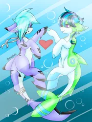 Size: 768x1024 | Tagged: safe, artist:midnightglow20, derpibooru import, oc, unofficial characters only, original species, shark, shark pony, blue background, blue mane, bubble, commission, crepuscular rays, dorsal fin, fish tail, gills, heart, image, looking at each other, ocean, pink eyes, png, signature, simple background, smiling, sunlight, swimming, tail, underwater, water, ych result