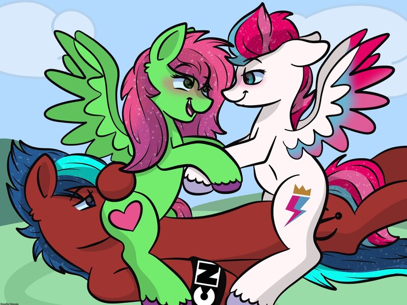 Size: 1920x1440 | Tagged: questionable, artist:doodle-hooves, derpibooru import, zipp storm, oc, oc:doodle hooves, oc:red arrow, earth pony, pegasus, pony, g5, my little pony: a new generation, abdominal bulge, blushing, butt touch, canon x oc, cartoon network logo, colored wings, cunnilingus, exhibitionism, female, group sex, hoof on butt, image, jpeg, lidded eyes, male, multicolored mane, multicolored wings, open mouth, oral, public sex, reverse spitroast, sex, smiling, softcore, spread wings, straight, threesome, trio, wings