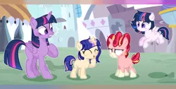 Size: 2900x1464 | Tagged: safe, artist:moonnightshadow-mlp, derpibooru import, twilight sparkle, twilight sparkle (alicorn), oc, oc:afterlight sentry, oc:afternoon dusk, oc:starfall sentry, alicorn, pegasus, pony, unicorn, g4, female, filly, image, offspring, parent:flash sentry, parent:starlight glimmer, parent:sunburst, parent:twilight sparkle, parents:flashlight, parents:starburst, png