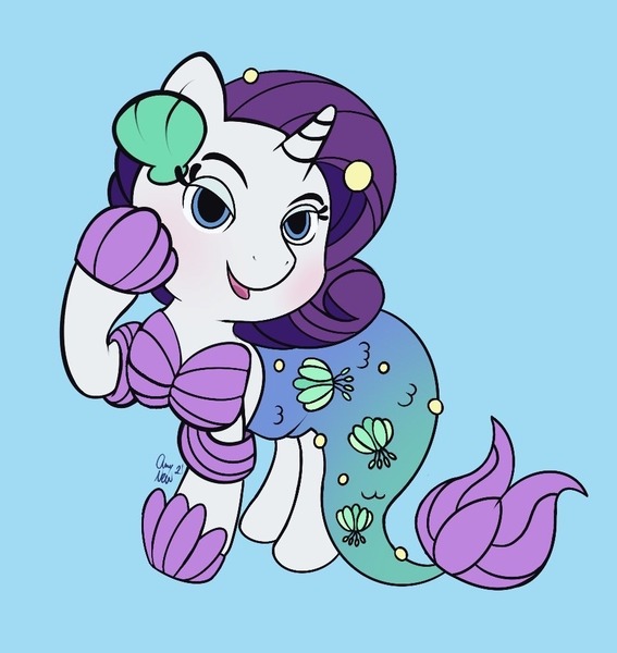 Size: 937x992 | Tagged: safe, artist:amynewblue, derpibooru import, rarity, mermaid, pony, unicorn, g4, blushing, clothes, costume, dress, female, gradient background, image, jpeg, lidded eyes, looking at you, mare, mermarity, nightmare night costume, rarity's mermaid dress, solo