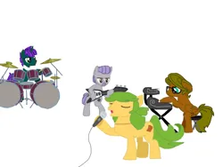 Size: 2048x1536 | Tagged: safe, artist:chanyhuman, derpibooru import, idw, ponified, earth pony, pegasus, pony, unicorn, band, drummer, drums, electric guitar, group, guitar, hippie, image, keyboard, musical instrument, parody, png, simple background, singer, the doors, white background