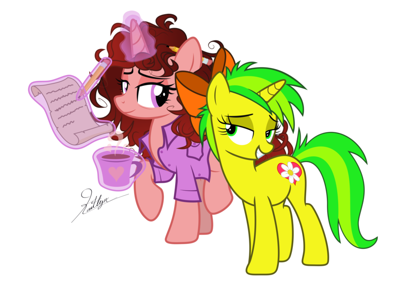 Size: 6000x4360 | Tagged: safe, artist:kaitykat117, derpibooru import, oc, oc:flower love(kaitykat), oc:paige scribble(kaitykat), unofficial characters only, pony, unicorn, derpibooru community collaboration, g4, 2022 community collab, absurd resolution, base used, bow, clothes, couple, duo, duo female, eyelashes, female, full body, glow, glowing horn, green eyes, hair bow, horn, image, lidded eyes, magic, mare, mug, pencil, pink eyes, png, show accurate, signature, simple background, standing, standing on two hooves, tail, telekinesis, transgender, transparent background, two toned mane, two toned tail, unicorn oc, vector