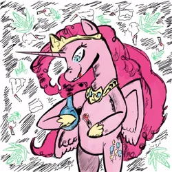 Size: 1000x1000 | Tagged: safe, artist:davidofskalitz, derpibooru import, pinkie pie, alicorn, pony, g4, alicornified, bipedal, bong, drug use, drugged, drugs, image, jpeg, marijuana, parody, ponk, princess pinkie pie, race swap, smiling, smoking, solo, xk-class end-of-the-world scenario