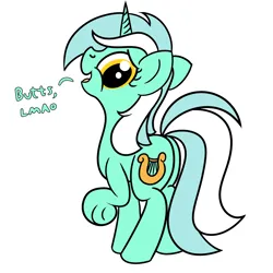 Size: 2000x2000 | Tagged: safe, artist:dafiltafish, derpibooru import, lyra heartstrings, pony, unicorn, g4, butt, butts, dialogue, female, high res, horn, image, looking back, lyrebutt, mare, open mouth, open smile, plot, png, raised hoof, simple background, smiling, solo, standing, tail, text, two toned mane, two toned tail, underhoof, white background, yellow eyes