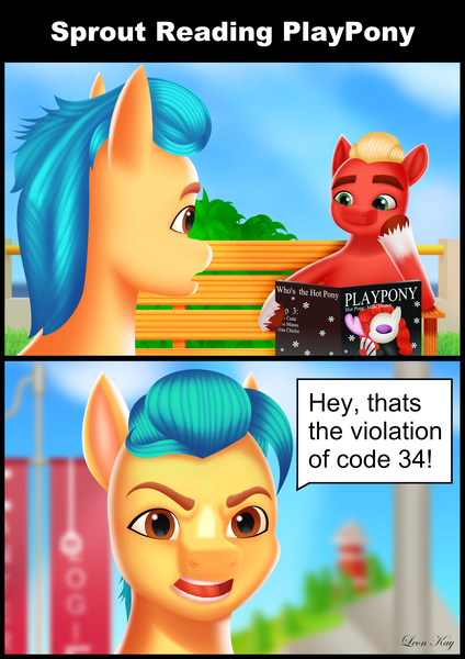 Size: 2480x3508 | Tagged: safe, artist:leonkay, derpibooru import, hitch trailblazer, sprout cloverleaf, earth pony, pony, g5, my little pony: a new generation, 2 panel comic, bench, blurry background, comic, duo, duo male, high res, hoof hold, image, lighthouse, male, playboy, playpony, png, pun, rule 34, speech bubble, stallion