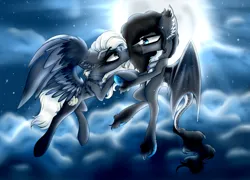 Size: 4000x2880 | Tagged: safe, artist:beamybutt, derpibooru import, oc, unofficial characters only, bat pony, pegasus, pony, bat pony oc, bat wings, commission, ear fluff, flying, full moon, image, moon, night, outdoors, pegasus oc, png, smiling, stars, wings, ych result