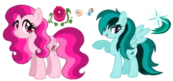 Size: 1840x863 | Tagged: safe, artist:madlilon2051, derpibooru import, oc, unofficial characters only, pegasus, pony, base used, duo, eyelashes, female, image, magical lesbian spawn, mare, offspring, parent:fluttershy, parent:rainbow dash, parents:flutterdash, pegasus oc, png, raised hoof, simple background, smiling, transparent background, wings