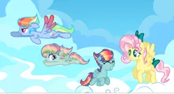 Size: 3181x1714 | Tagged: safe, artist:just-silvushka, derpibooru import, oc, unofficial characters only, pony, base used, cloud, female, flying, image, magical lesbian spawn, mare, offspring, on a cloud, outdoors, parent:fluttershy, parent:rainbow dash, parents:flutterdash, png, smiling