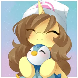 Size: 1200x1200 | Tagged: safe, artist:loyaldis, derpibooru import, oc, oc:astral flare, unofficial characters only, piplup, pony, unicorn, beanie, cute, daaaaaaaaaaaw, female, hat, image, png, pokémon, shining pearl, smiling