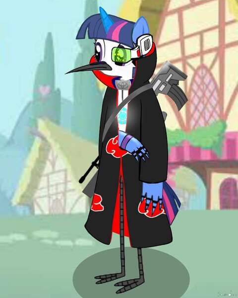 Size: 720x900 | Tagged: safe, artist:samueldavillo, derpibooru import, twilight sparkle, anthro, hippogriff, hybrid, g4, akatsuki, crossover, crossover shipping, female, image, jpeg, male, mordecai, mordetwi, ponyville, regular show, scouter, shipping, solo, straight, tavor, wat