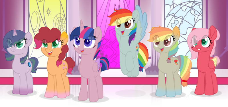 Size: 4750x2239 | Tagged: safe, artist:fawnroseyt, derpibooru import, oc, oc:cupcake, oc:diamond clarity, oc:dusk sentry, oc:jazz apple, oc:ruby frost, oc:zap apple, unofficial characters only, alicorn, dracony, earth pony, hybrid, pegasus, pony, unicorn, base used, eye clipping through hair, female, image, interspecies offspring, magical lesbian spawn, mare, next generation, offspring, open mouth, parent:applejack, parent:big macintosh, parent:cheese sandwich, parent:fluttershy, parent:pinkie pie, parent:rainbow dash, parent:rarity, parent:spike, parents:appledash, parents:cheesepie, parents:fluttermac, parents:sparity, png, throne room