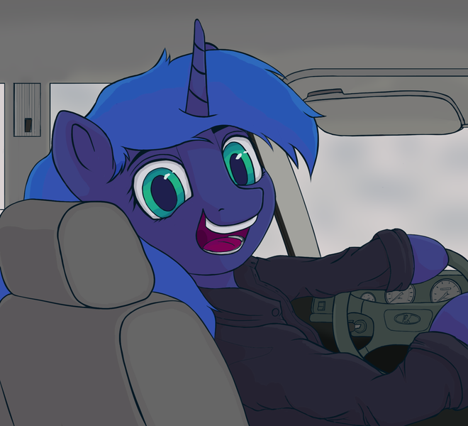 Size: 1739x1580 | Tagged: safe, artist:sv37, derpibooru import, princess luna, ponified, alicorn, pony, g4, car, car interior, clothes, image, looking at you, meme, png, ponified meme, shirt, smiling