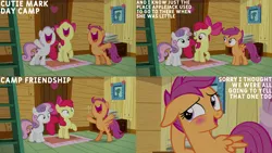 Size: 1280x720 | Tagged: safe, derpibooru import, edit, edited screencap, editor:quoterific, screencap, apple bloom, scootaloo, sweetie belle, earth pony, pegasus, pony, unicorn, g4, marks and recreation, season 7, apple bloom's bow, blushing, bow, clubhouse, crusaders clubhouse, cutie mark crusaders, female, filly, hair bow, image, jpeg, nose in the air, open mouth, open smile, smiling, uvula, volumetric mouth