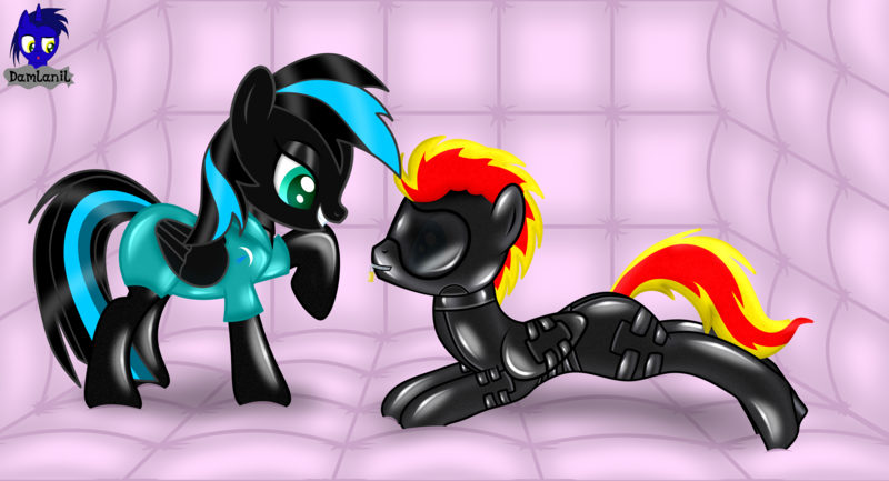 Size: 7680x4154 | Tagged: safe, alternate version, artist:damlanil, derpibooru import, oc, oc:fireheart(fire), oc:nightlight aura, bat pony, hybrid, pegasus, pony, blindfold, bondage, bondage mask, catsuit, clothes, collar, commission, duo, female, gag, gimp suit, grin, happy, high heels, hood, image, latex, latex suit, lock, male, mare, muzzle gag, padded cell, padlock, pegabat, png, rubber, shiny, shiny mane, shoes, show accurate, smiling, stallion, story, suit, vector, wings, zipper, zippermouth