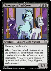 Size: 375x523 | Tagged: safe, artist:michela cacciatore, derpibooru import, edit, idw, black belle, shadow storm, violet shiver, pony, unicorn, g4, my little pony: generations, spoiler:comicgenerations01, ccg, image, magic the gathering, png, trading card, trading card edit