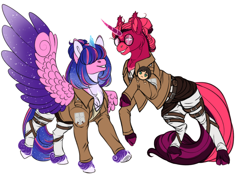 Size: 2935x2172 | Tagged: safe, artist:malinraf1615, derpibooru import, oc, oc:estella sparkle, oc:venus red heart, unofficial characters only, alicorn, human, pony, unicorn, alicorn oc, alternate hairstyle, attack on titan, belt, chest fluff, clothes, cosplay, costume, crossover, duo, eren jaeger, female, glasses, grin, hair over eyes, heart eyes, high res, horn, image, jacket, leg fluff, mare, markings, multicolored hair, offspring, pants, parent:flash sentry, parent:twilight sparkle, parents:flashlight, plushie, png, raised hoof, raised leg, shirt, shorts, simple background, size difference, smiling, transparent background, underhoof, unshorn fetlocks, wingding eyes, wings