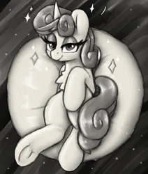 Size: 1446x1708 | Tagged: safe, artist:llametsul, derpibooru import, oc, unofficial characters only, pony, unicorn, bedroom eyes, chest fluff, eyelashes, frog (hoof), hoofbutt, image, looking at you, monochrome, not sweetie belle, png, sketch, smiling, solo, sparkles, underhoof