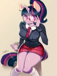 Size: 2000x2667 | Tagged: safe, artist:mrscurlystyles, derpibooru import, twilight sparkle, anthro, unicorn, g4, adorasexy, alternate hairstyle, big breasts, blushing, breasts, busty twilight sparkle, clothes, curvy, cute, eyebrows, eyebrows visible through hair, eyelashes, glasses, hair tie, high res, hourglass figure, image, jpeg, knees pressed together, kneesocks, legs, looking at you, meganekko, miniskirt, necktie, nerd, plaid skirt, ponytail, round glasses, school uniform, schoolgirl, sexy, simple background, sitting, skirt, smiling, smiling at you, socks, solo, stupid sexy twilight, sweater, sweater puppies, thighlight sparkle, thighs, thunder thighs, twiabetes, unicorn twilight, wide hips, zettai ryouiki