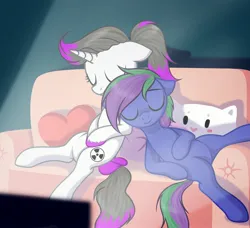 Size: 3000x2730 | Tagged: safe, artist:kim0508, derpibooru import, oc, oc:hazel radiate, oc:lishka, unofficial characters only, pegasus, pony, unicorn, bow, cat pillow, colored hooves, commission, commissioner:biohazard, couch, duo, eyebrows, eyelashes, eyes closed, female, floppy ears, heart, heart pillow, high res, highlights, horn, image, jpeg, mare, pegasus oc, pillow, ponytail, sitting, sitting together, sleeping, sleeping together, smiling, tail, tail bow, television, two toned mane, two toned tail, unicorn oc, unshorn fetlocks, wings, ych result