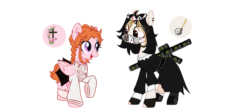 Size: 5670x2716 | Tagged: safe, artist:idkhesoff, derpibooru import, oc, oc:angel petals, oc:jezza belle, unofficial characters only, earth pony, pegasus, pony, anklet, belt, blushing, boots, can, christianity, clothes, crown, dress, duo, ear piercing, earring, energy drink, eyeshadow, face mask, female, fingerless gloves, gloves, image, jewelry, lesbian, looking at each other, makeup, mare, mask, mismatched socks, monster energy, necklace, nun outfit, oc x oc, open mouth, piercing, playing card, png, raised hoof, raised leg, regalia, religion, shipping, shoes, simple background, size difference, skirt, socks, stockings, sweater, thigh highs, transparent background